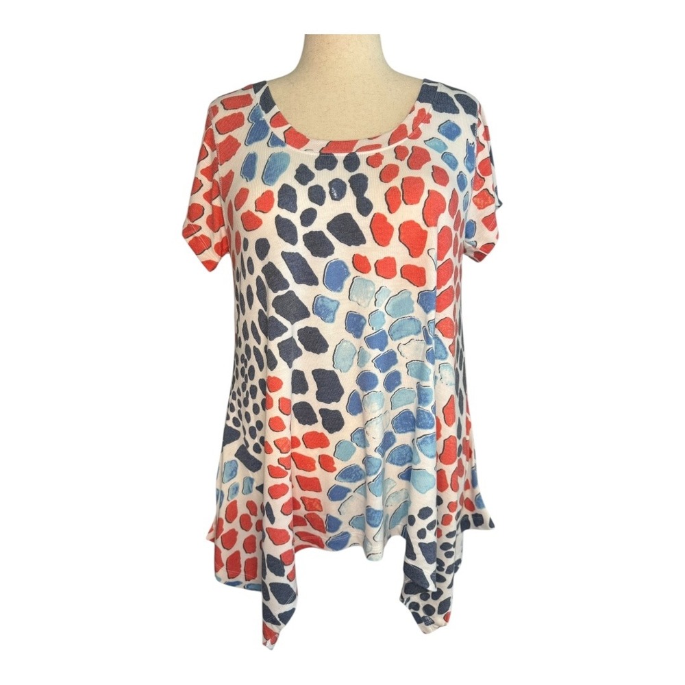 CHELSEA‎ & THEODORE Women's XL Blue Multi Abstract Print Tunic Top Shirt